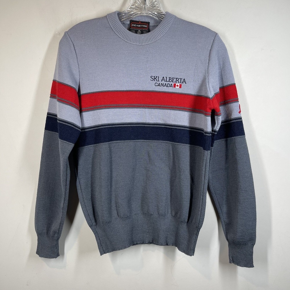 Demetre Ski Sweater Womens Vtg Sz M Ski Alberta Canada Virgin Wool Striped